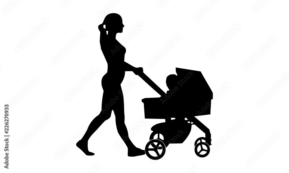 silhouette picture of a mother walking pushing the child with a baby carriage silhouette picture of a mother walking pushing the child with a baby carriage