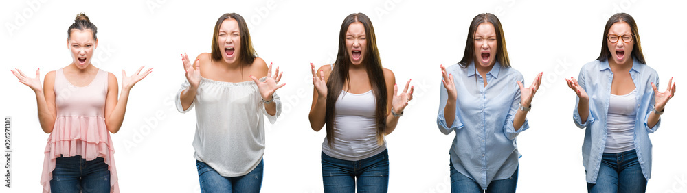 Collage of young beautiful brunette girl over white isolated background crazy and mad shouting and yelling with aggressive expression and arms raised. Frustration concept.