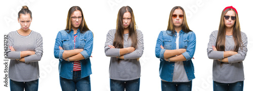 Collage of young beautiful brunette girl over white isolated background skeptic and nervous, disapproving expression on face with crossed arms. Negative person.