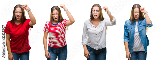 Collage of young beautiful girl over white isolated background angry and mad raising fist frustrated and furious while shouting with anger. Rage and aggressive concept.