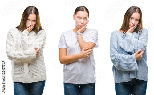 Collage of young beautiful girl wearing winter sweater over white isolated background thinking looking tired and bored with depression problems with crossed arms.