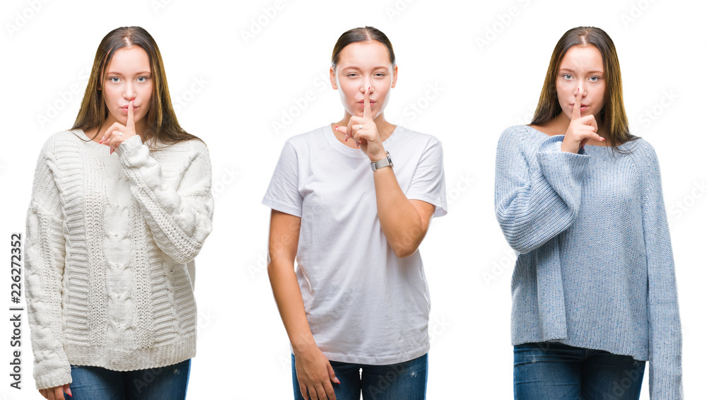 Fototapeta premium Collage of young beautiful girl wearing winter sweater over white isolated background asking to be quiet with finger on lips. Silence and secret concept.