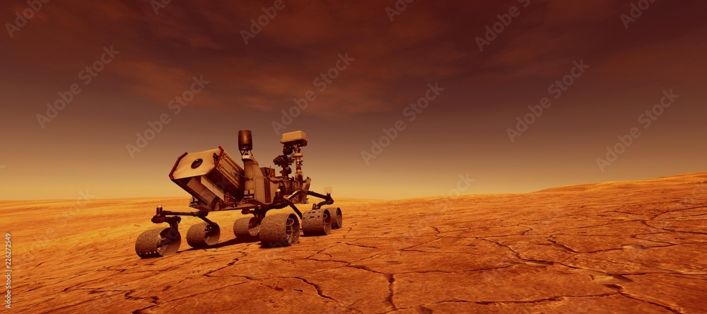 Extremely detailed and realistic high resolution 3d illustration of Mars exploration vehicle curiosity searching for life on martian landscape. Elements of this image are furnished by Nasa.