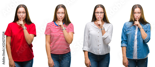 Collage of young beautiful girl over white isolated background asking to be quiet with finger on lips. Silence and secret concept.