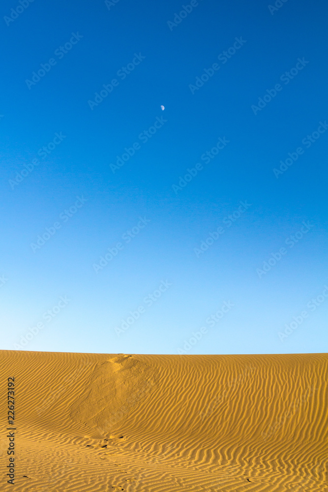 Obraz premium Sand dunes in the Maranjab desert, near Kashan, Iran, at sunset with the moon light visible high in the sky. maranjab desert is one of the main landmarks of the region