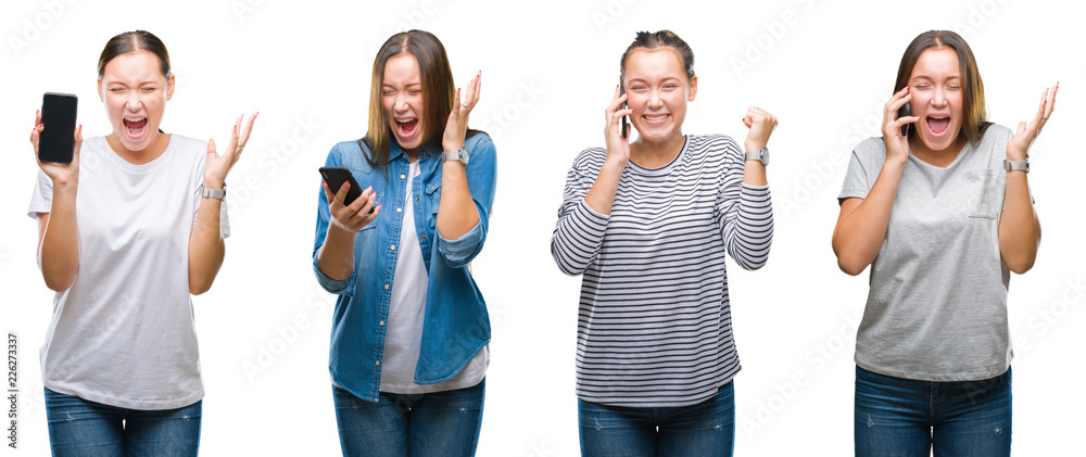 Collage of young girl using smartphone over white isolated background very happy and excited, winner expression celebrating victory screaming with big smile and raised hands