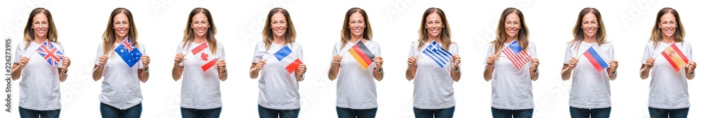 Collage of middle age mature woman holding flags of different countries over white isolated background with a happy face standing and smiling with a confident smile showing teeth Collage of middle age mature woman holding flags of different countries over white isolated background with a happy face standing and smiling with a confident smile showing teeth