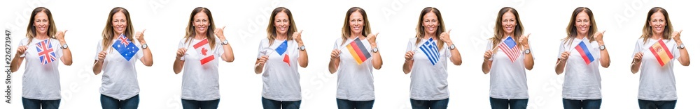 Collage of middle age mature woman holding flags of different countries over white isolated background pointing and showing with thumb up to the side with happy face smiling Collage of middle age mature woman holding flags of different countries over white isolated background pointing and showing with thumb up to the side with happy face smiling