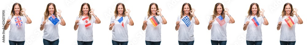 Collage of middle age mature woman holding flags of different countries over white isolated background doing ok sign with fingers, excellent symbol Collage of middle age mature woman holding flags of different countries over white isolated background doing ok sign with fingers, excellent symbol