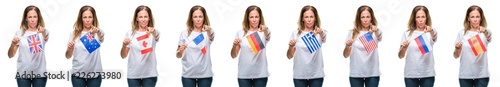 Collage of middle age mature woman holding flags of different countries over white isolated background pointing with finger to the camera and to you, hand sign, positive and confident
