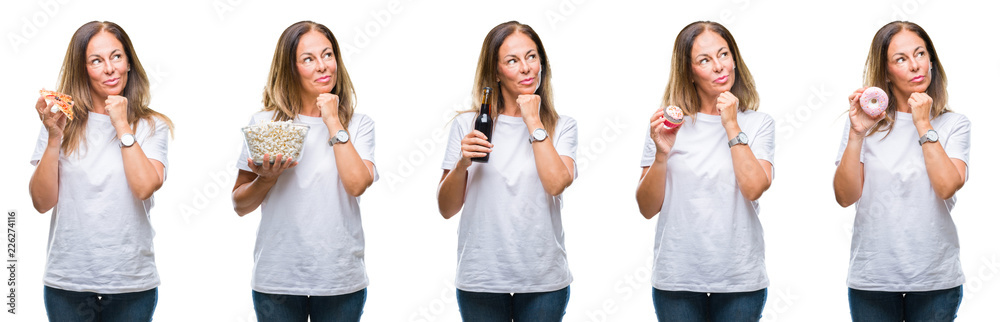 Collage of middle age mature woman eating food over white isolated background serious face thinking about question, very confused idea Collage of middle age mature woman eating food over white isolated background serious face thinking about question, very confused idea