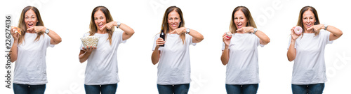 Collage of middle age mature woman eating food over white isolated background very happy pointing with hand and finger