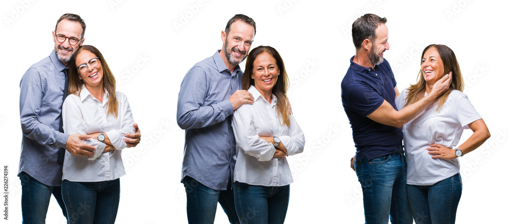 Collage of middle age mature beautiful couple of senior wife and husband over white isolated background happy face smiling with crossed arms looking at the camera. Positive person.