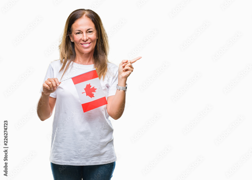 Middle age hispanic woman holding flag of Canada over isolated background very happy pointing with hand and finger to the side Middle age hispanic woman holding flag of Canada over isolated background very happy pointing with hand and finger to the side