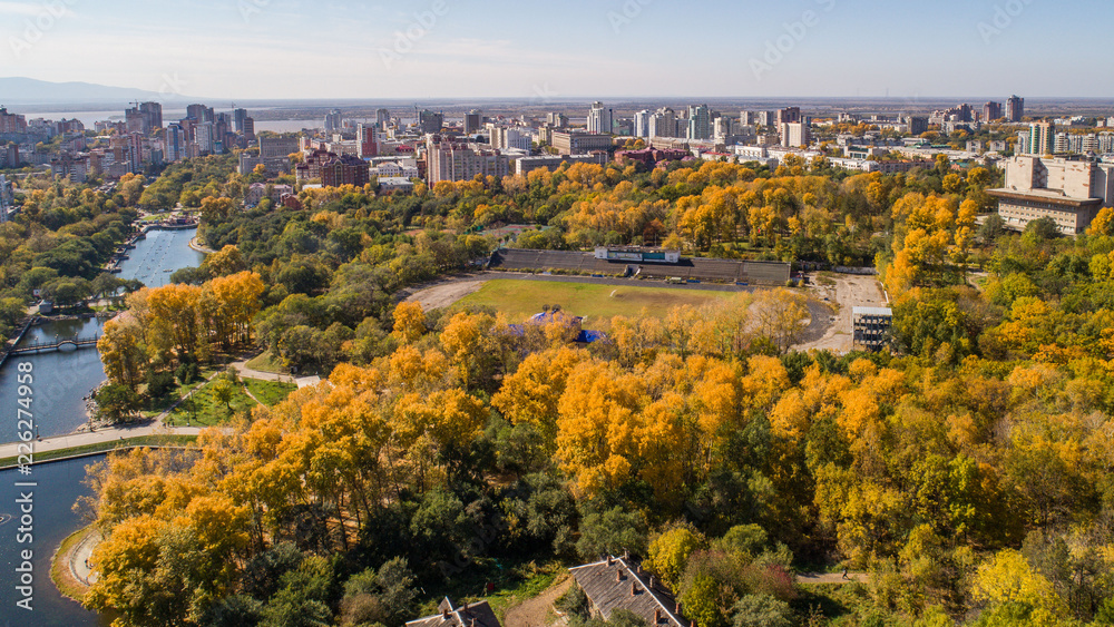 Khabarovsk Park in the city center. city ponds. autumn. the view from the top. taken by drone.