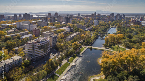 Khabarovsk Park in the city center. city ponds. autumn. the view from the top. taken by drone.