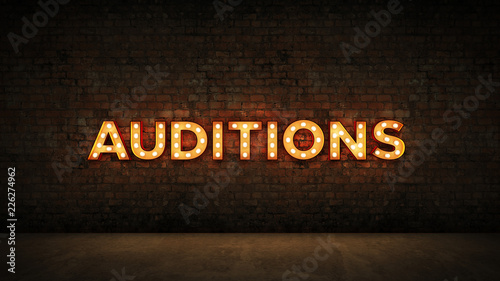 Neon Sign on Brick Wall background - Auditions. 3d rendering
