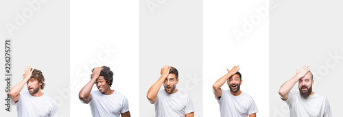 Collage of young caucasian, hispanic, afro men wearing white t-shirt over white isolated background surprised with hand on head for mistake, remember error. Forgot, bad memory concept.