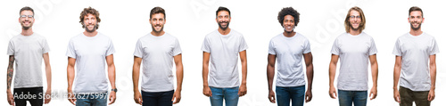Collage of young caucasian, hispanic, afro men wearing white t-shirt over white isolated background with a happy and cool smile on face. Lucky person. photo