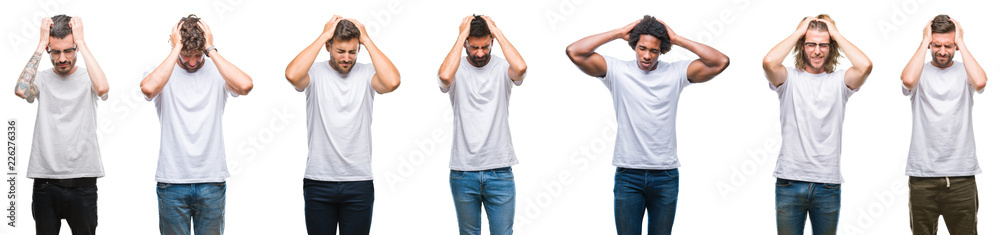 Collage of young caucasian, hispanic, afro men wearing white t-shirt over white isolated background suffering from headache desperate and stressed because pain and migraine. Hands on head. Collage of young caucasian, hispanic, afro men wearing white t-shirt over white isolated background suffering from headache desperate and stressed because pain and migraine. Hands on head.