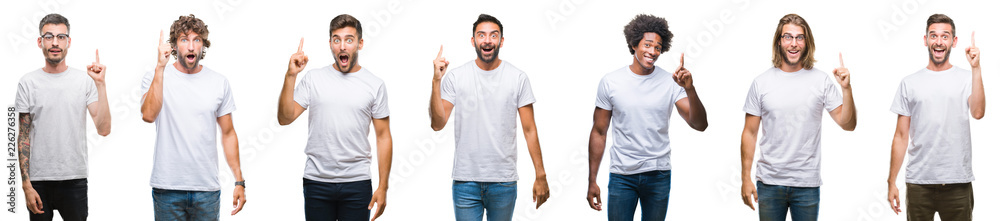 Collage of young caucasian, hispanic, afro men wearing white t-shirt over white isolated background pointing finger up with successful idea. Exited and happy. Number one. Collage of young caucasian, hispanic, afro men wearing white t-shirt over white isolated background pointing finger up with successful idea. Exited and happy. Number one.