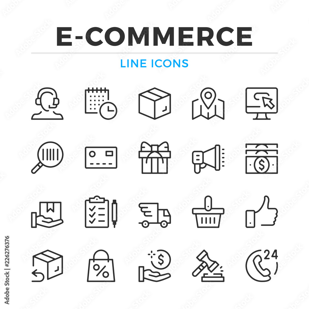 E-commerce line icons set. Modern outline elements, graphic design concepts, simple symbols collection. Vector line icons E-commerce line icons set. Modern outline elements, graphic design concepts, simple symbols collection. Vector line icons