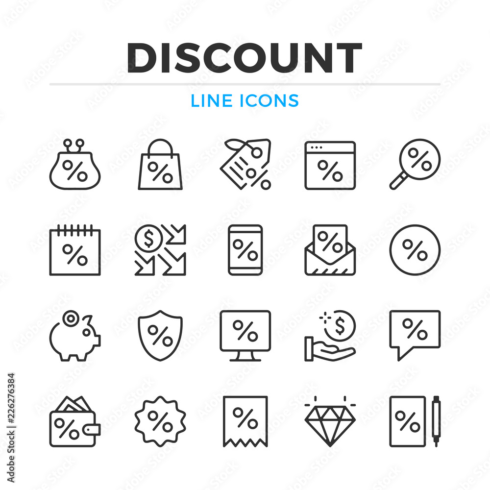 Fototapeta premium Discount line icons set. Modern outline elements, graphic design concepts, simple symbols collection. Vector line icons