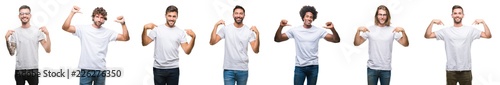 Collage of young caucasian, hispanic, afro men wearing white t-shirt over white isolated background looking confident with smile on face, pointing oneself with fingers proud and happy.