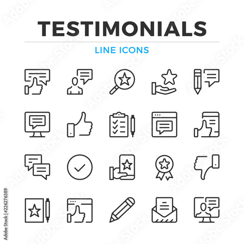 Testimonials line icons set. Modern outline elements, graphic design concepts, simple symbols collection. Vector line icons