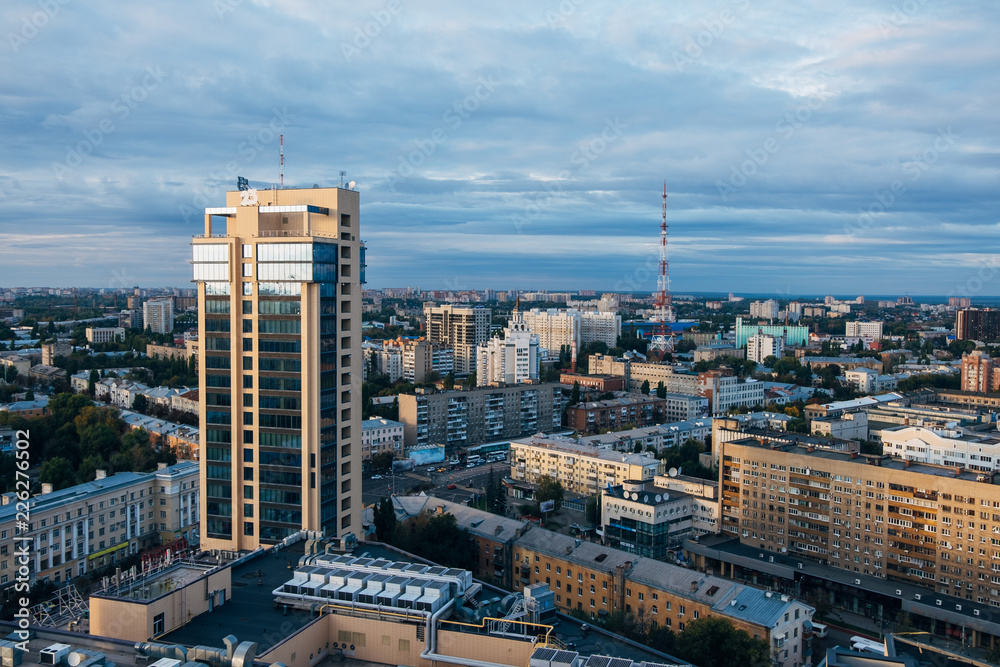 Obraz premium Aerial view of Voronezh downtown in summer evening. Modern high Business center Chizhov's gallery and TV broadcast tower