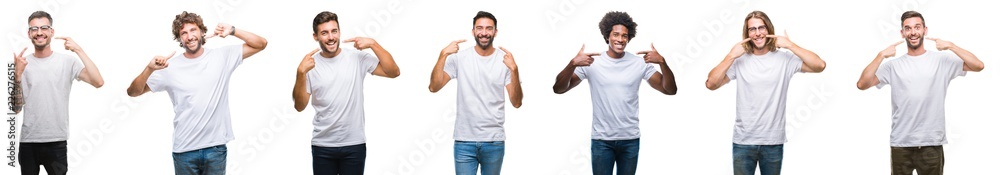 Collage of young caucasian, hispanic, afro men wearing white t-shirt over white isolated background smiling confident showing and pointing with fingers teeth and mouth. Health concept.