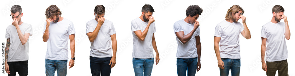 Collage of young caucasian, hispanic, afro men wearing white t-shirt over white isolated background tired rubbing nose and eyes feeling fatigue and headache. Stress and frustration concept.