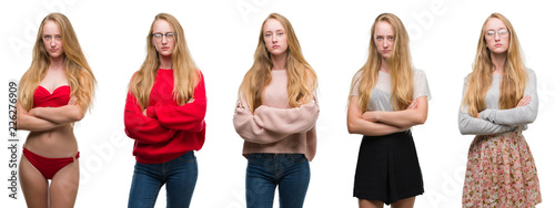Collage of young blonde girl over white isolated background skeptic and nervous, disapproving expression on face with crossed arms. Negative person.
