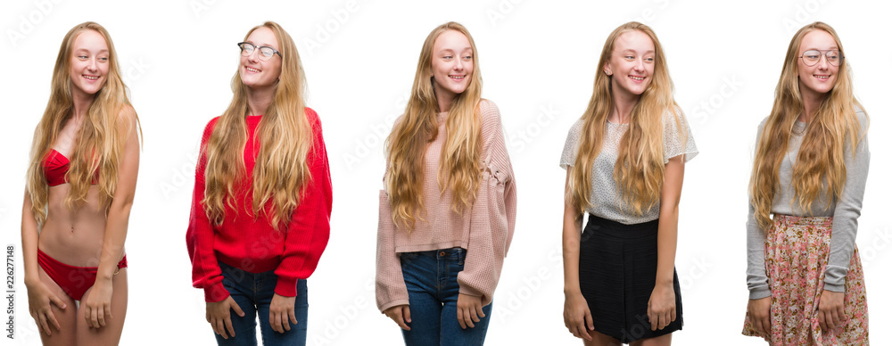 Collage of young blonde girl over white isolated background looking away to side with smile on face, natural expression. Laughing confident.