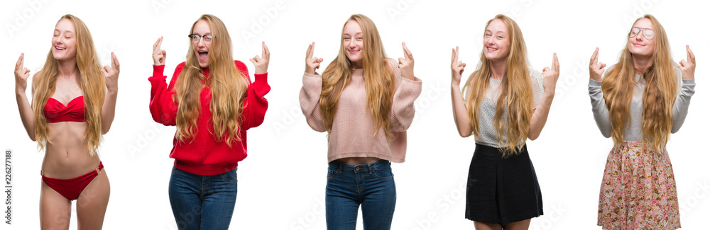 Collage of young blonde girl over white isolated background smiling crossing fingers with hope and eyes closed. Luck and superstitious concept. Collage of young blonde girl over white isolated background smiling crossing fingers with hope and eyes closed. Luck and superstitious concept.