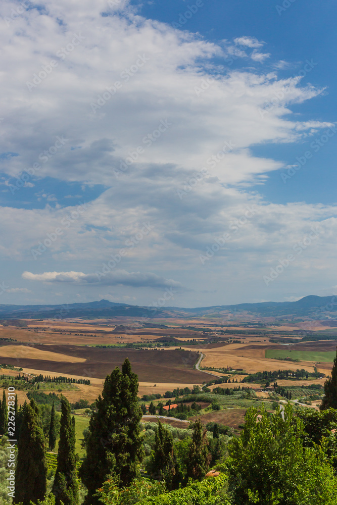 Tuscan fields and hills viewed from Pienza, Italy