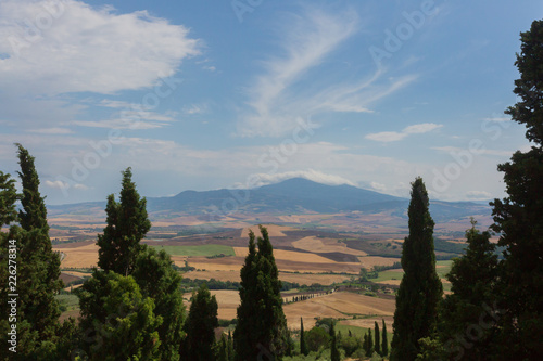Tuscan fields and hills viewed from Pienza  Italy