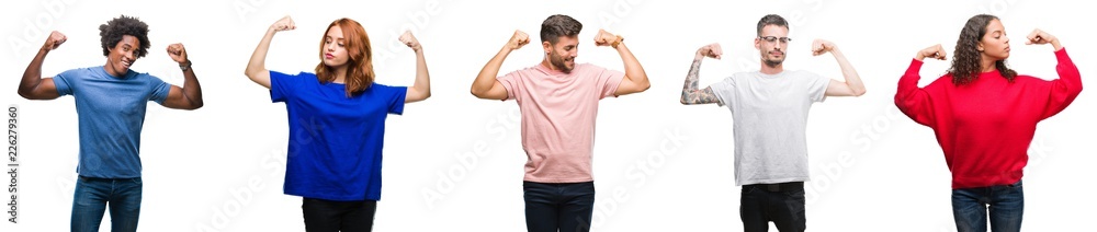 Composition of african american, hispanic and caucasian group of people over isolated white background showing arms muscles smiling proud. Fitness concept. Composition of african american, hispanic and caucasian group of people over isolated white background showing arms muscles smiling proud. Fitness concept.