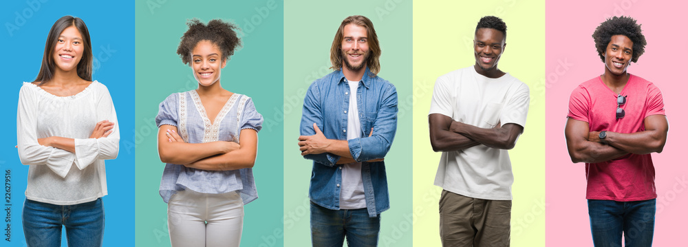 Composition of african american, hispanic and chinese group of people over vintage color background happy face smiling with crossed arms looking at the camera. Positive person.