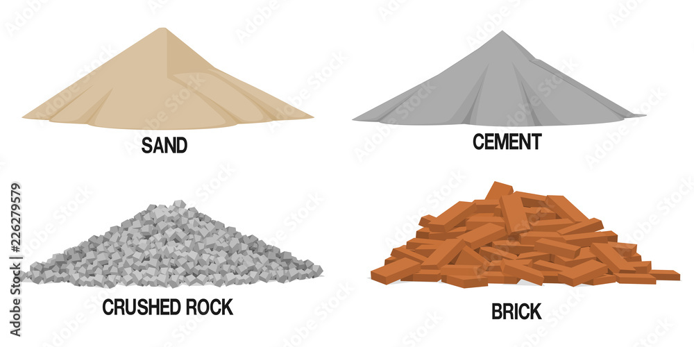 Set of construction material ( sand ,cement,crushed rock, brick) on transparent background