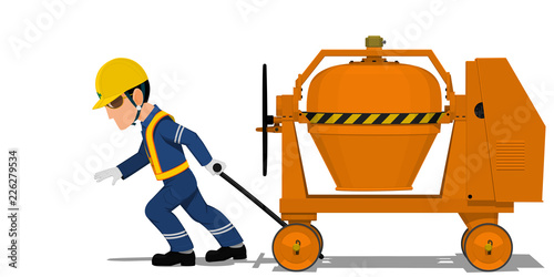 A worker is pulling the concrete mixer on transparent background