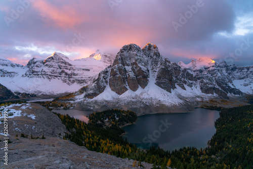Pastel colors bathe Canadian Rocky Mountain peaks during a cold September day