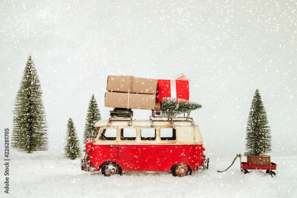 Vintage Merry Christmas postcard background - Miniature antique car