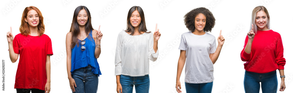 Collage of group of beautiful Chinese, asian, african american, caucasian women over isolated background showing and pointing up with finger number one while smiling confident and happy. Collage of group of beautiful Chinese, asian, african american, caucasian women over isolated background showing and pointing up with finger number one while smiling confident and happy.