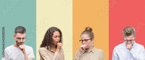 Collage of a group of people isolated over colorful background feeling unwell and coughing as symptom for cold or bronchitis. Healthcare concept.