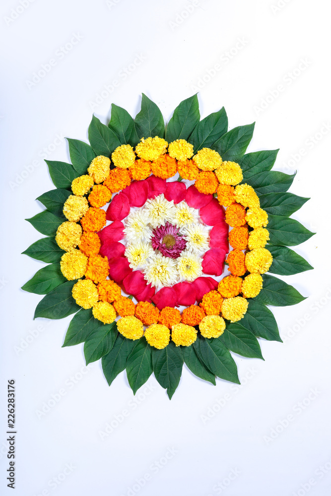 Marigold flower rangoli design for diwali festival , indian festival canvas  prints for the wall • canvas prints marigold, hanging, decor | myloview.com