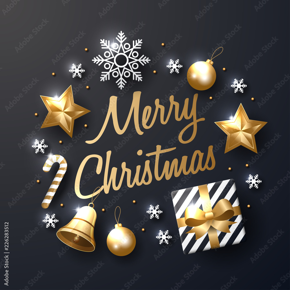 Merry Christmas background with shining gold and white ornaments. Made of snowflakes, gift, candy, bells, star, christmas ball. Vector illustration 