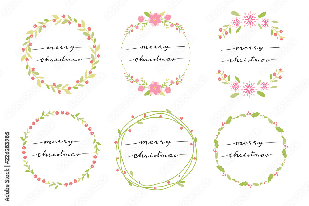cute pastel green and pink christmas doodle flat style wreath on white background isolated with text hand written calligraphy merry christmas eps10 vector illustration