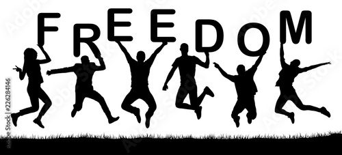 Happy people jumping, hold the letters in their hands, the word freedom. Vector silhouette