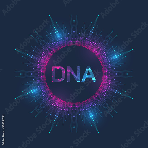 Scientific vector illustration genetic engineering and gene manipulation concept. DNA helix, DNA strand, molecule or atom, neurons. Abstract structure for Science or medical background. Wave flow